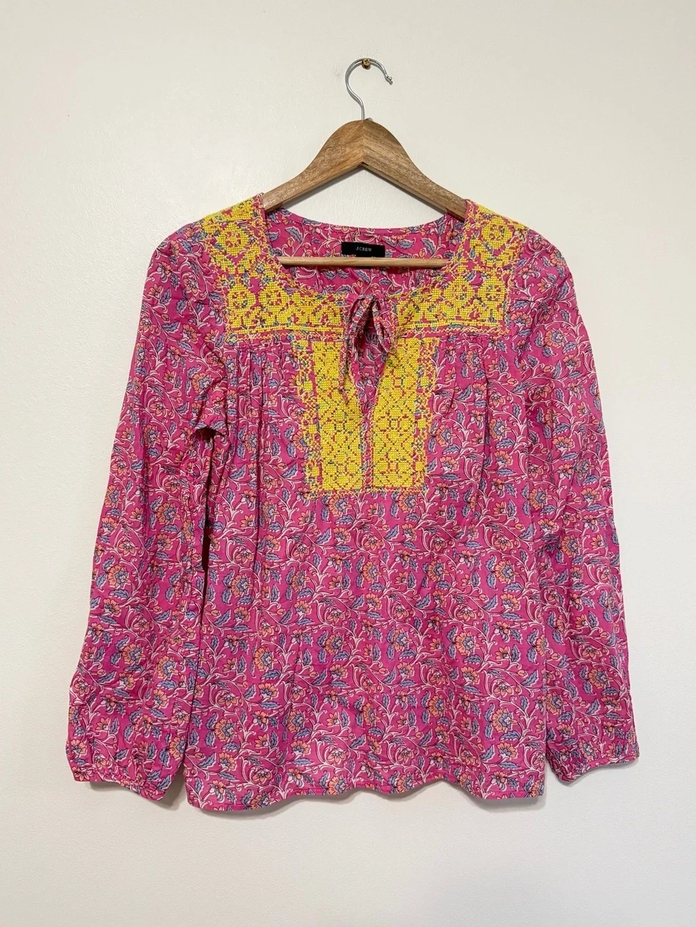 J. Crew Embroidered Cotton Voile Peasant Top Pink Floral Tassels Size XS Boho